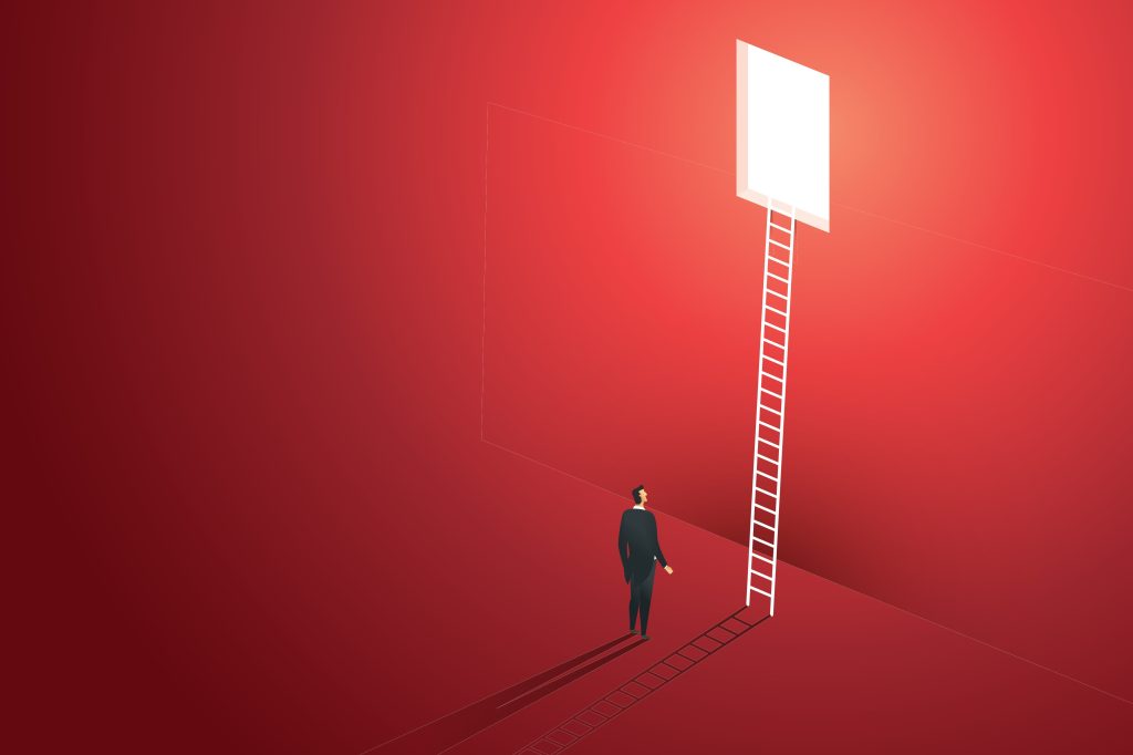 Abstract illustration of a figure using a ladder to reach a glowing doorway in a high wall, representing OpenAI successfully scaling its IAM gateway.