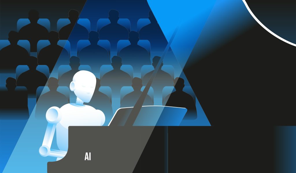 Illustration of a humanoid AI figure seated at a piano-like terminal in front of rows of shadowed human silhouettes, depicting remote coding agents and human oversight of autonomous systems.