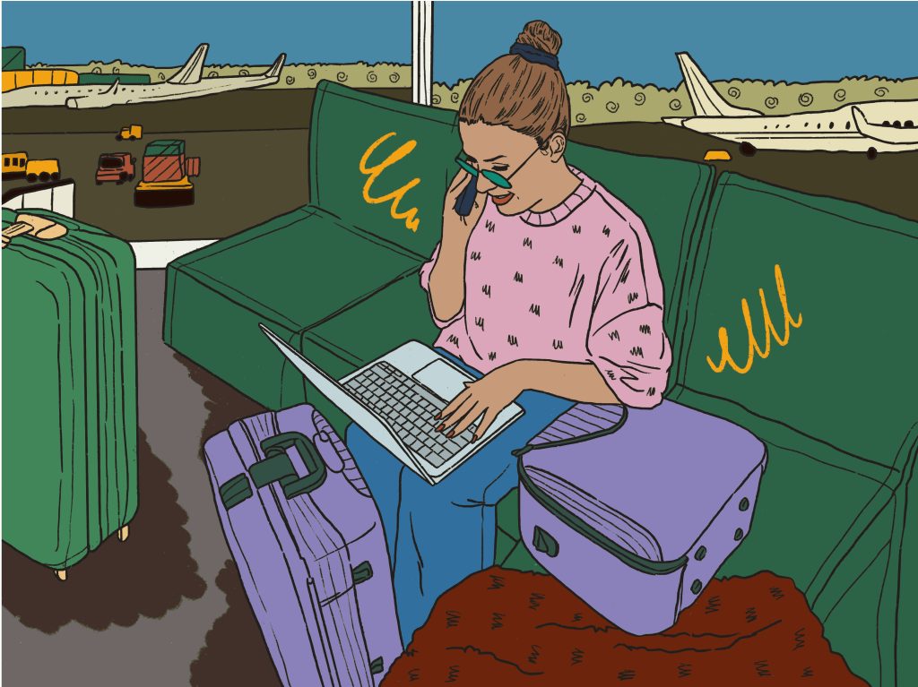 An illustration of a woman sitting on a green bench in an airport waiting area, multitasking by using a laptop on her lap and talking on a smartphone. She is surrounded by luggage, including green and purple suitcases. Through a large window in the background, airplanes and ground service vehicles are visible on the tarmac.