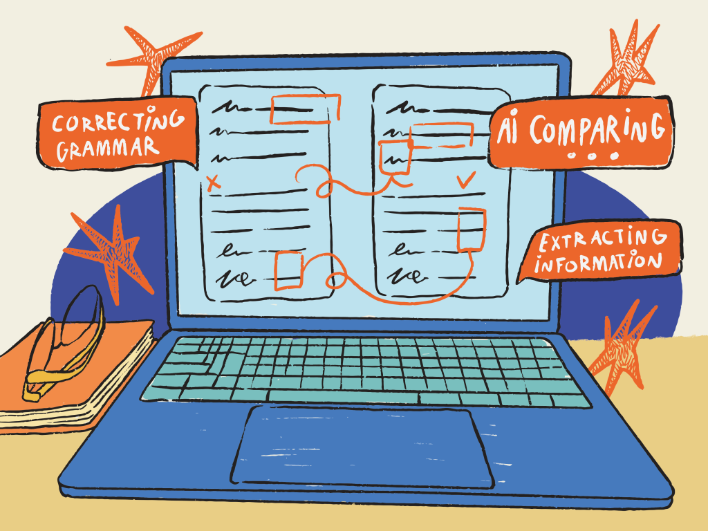 Illustration of a laptop displaying two documents side by side, connected by orange lines that suggest AI-driven comparison and analysis, with labels reading "Correcting Grammar," "AI Comparing," and "Extracting Information" — representing the parallel capabilities of competing AI security platforms.