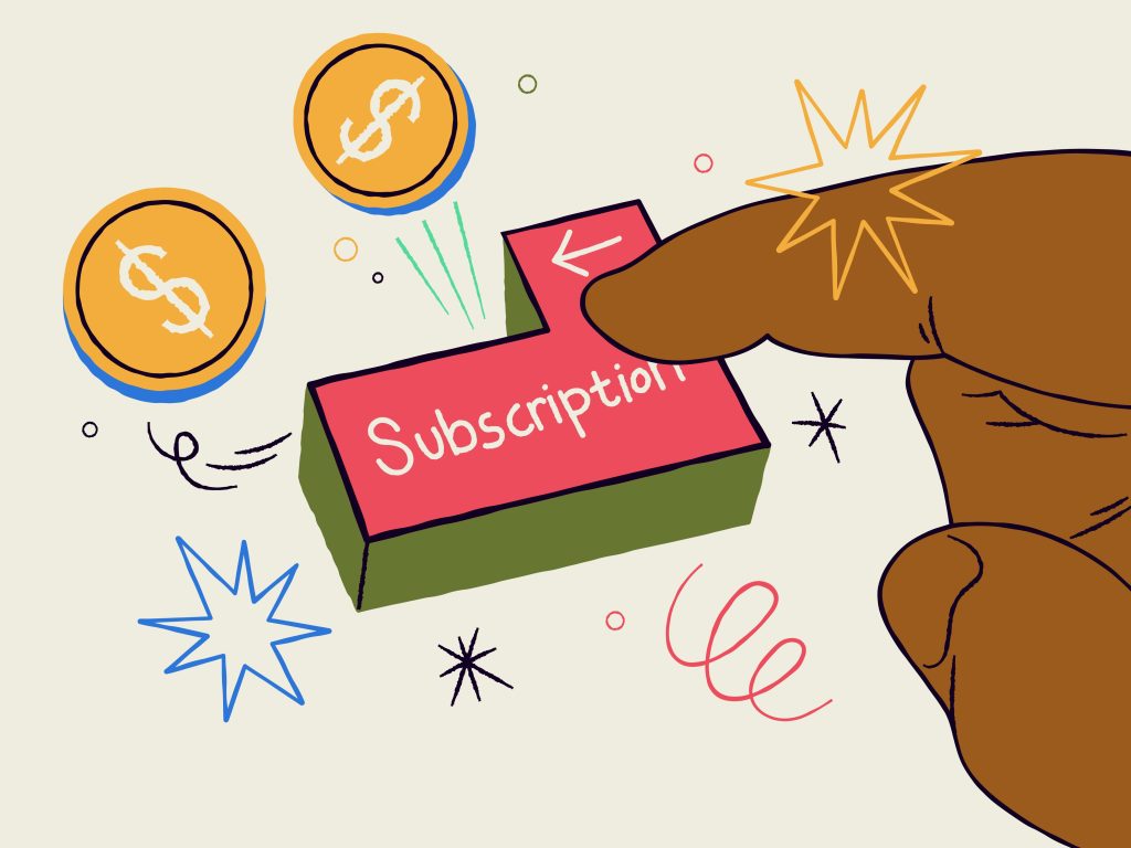 finger pointing to subscription button shooting coins