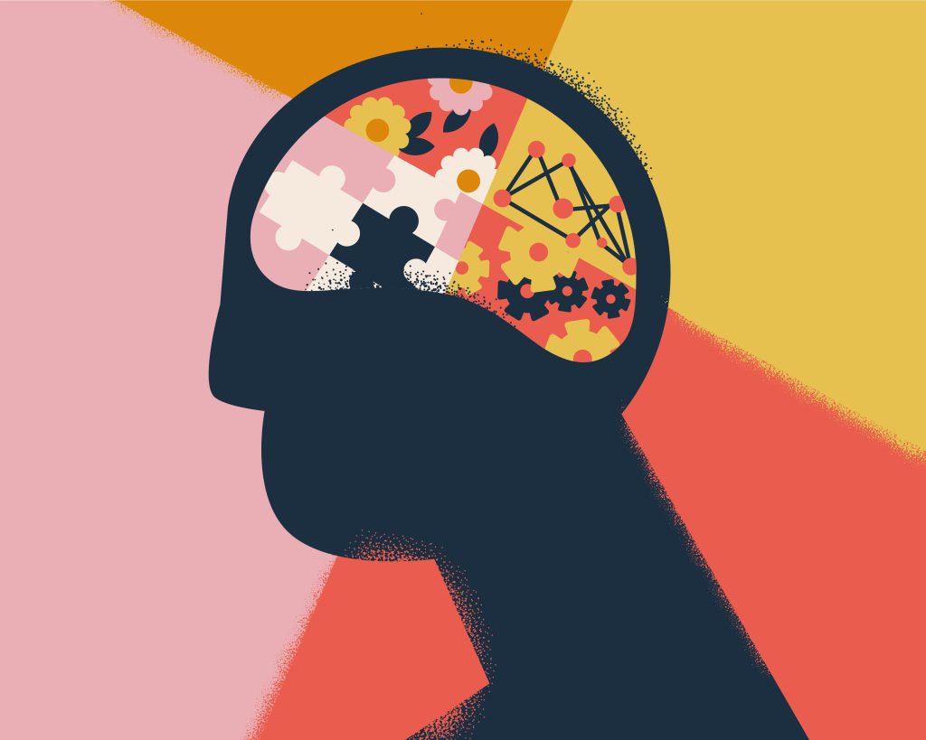 A colorful graphic illustration of a human head in profile, silhouetted in dark navy, with the brain area filled with symbolic imagery representing knowledge and cognition: puzzle pieces, gears, flowers, and a neural network diagram, set against a bold geometric background in pink, red, and yellow.