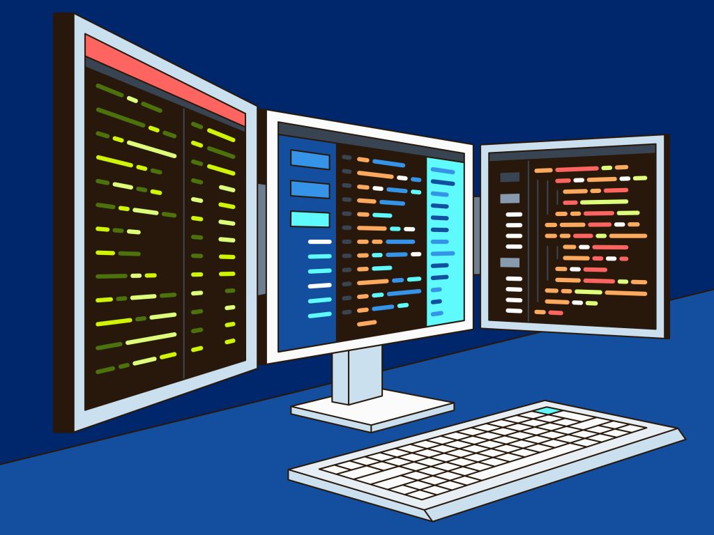 three screen monitor on blue background