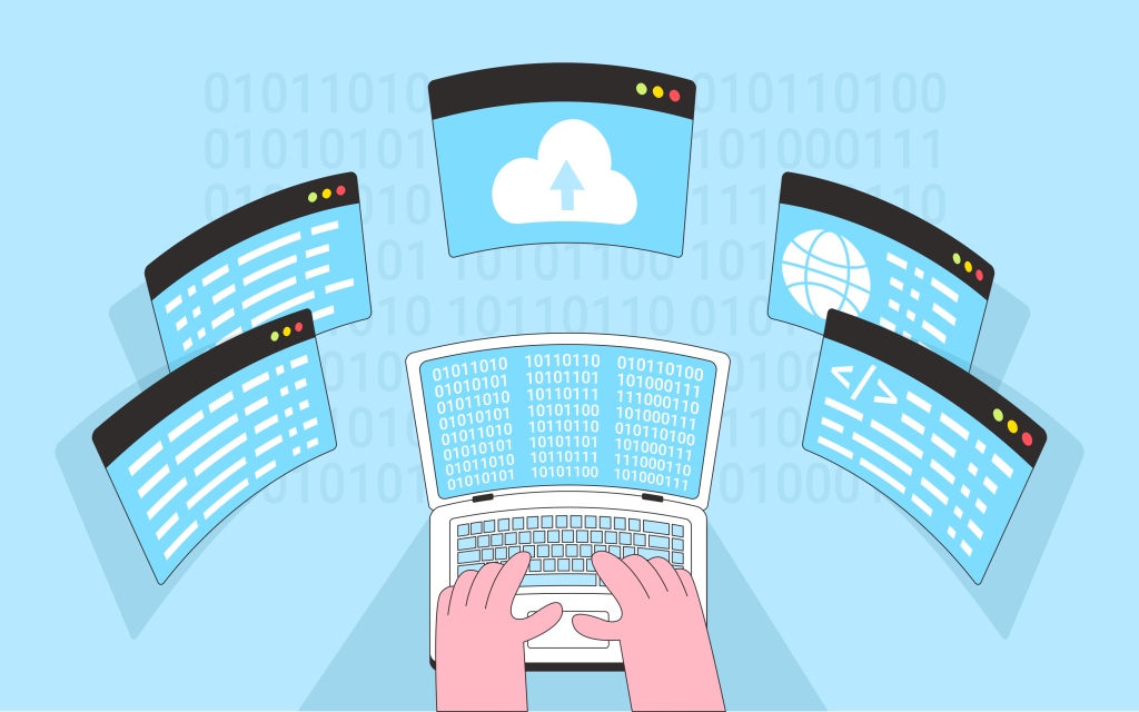 A developer typing on a laptop surrounded by multiple code windows and a central cloud upload icon, depicting cloud-based coding agents