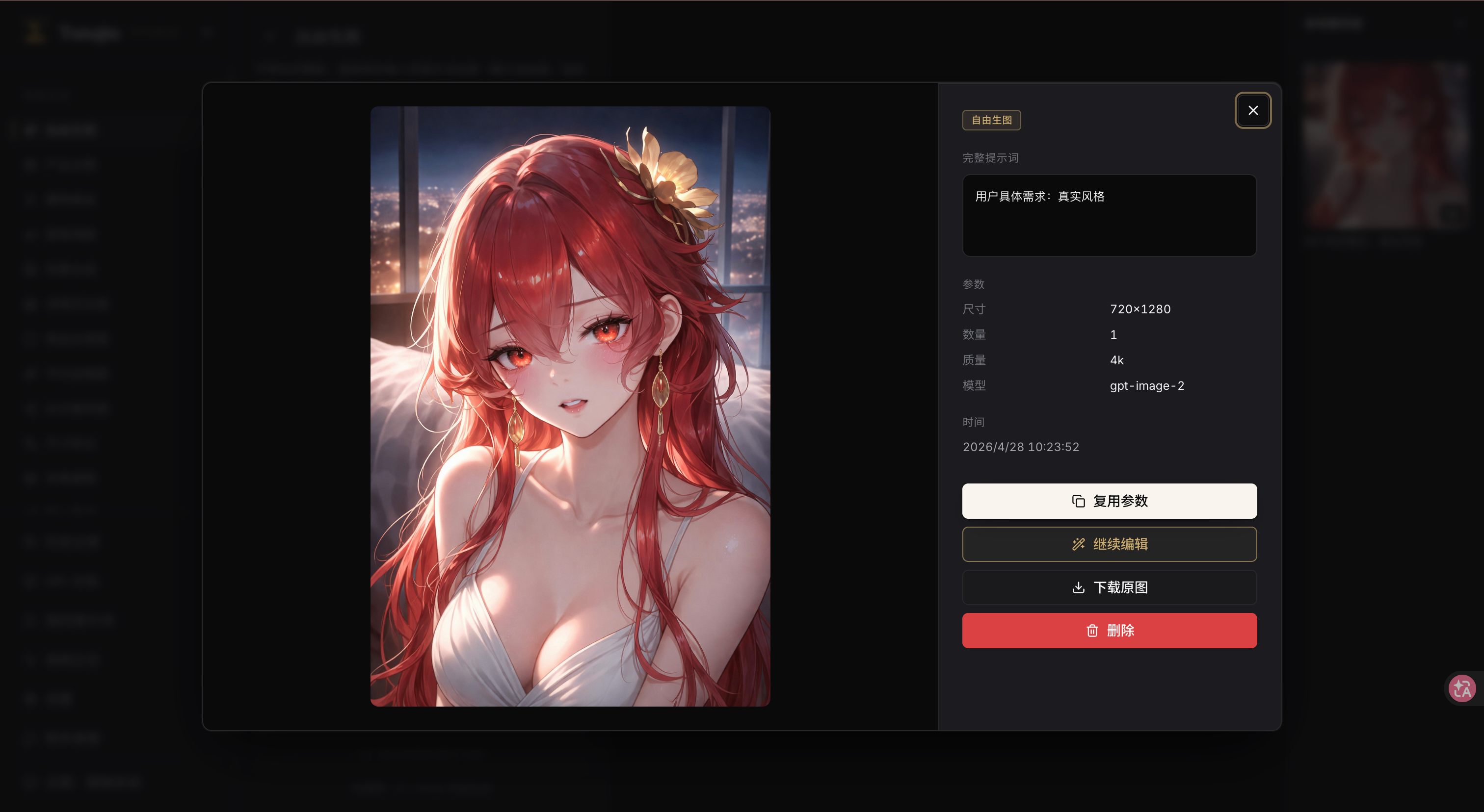 历史详情弹窗:原图 + 完整提示词 + 参数 + 复用参数 / 继续编辑 / 下载 / 删除