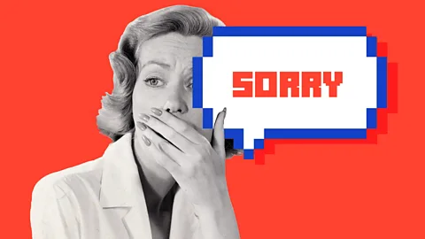 Getty Images/ BBC/ Javier Hirschfeld A vintage-style woman covers her mouth beside a pixellated speech bubble reading 