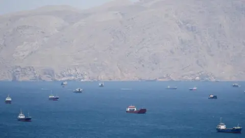 Cargo ships and small vessels scattered across deep blue sea, with hazy rocky mountains rising along distant coastline under sky