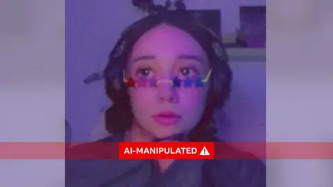 An AI generated image of a male influencer made to look like a young girl with short hair, wearing glasses with stars in the lens
