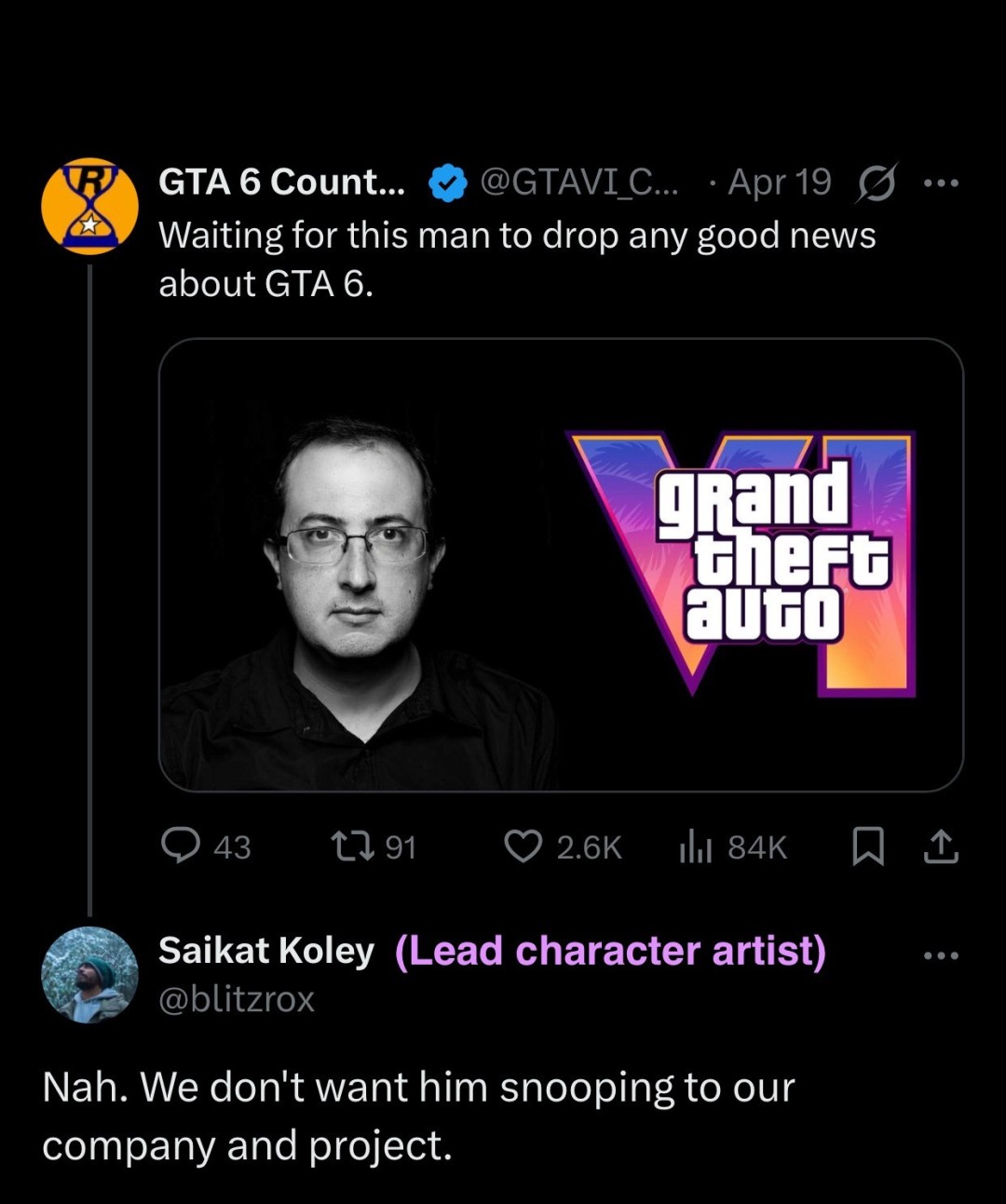 《GTA6》开发者怒怼记者后秒删账号 截图仍在疯传