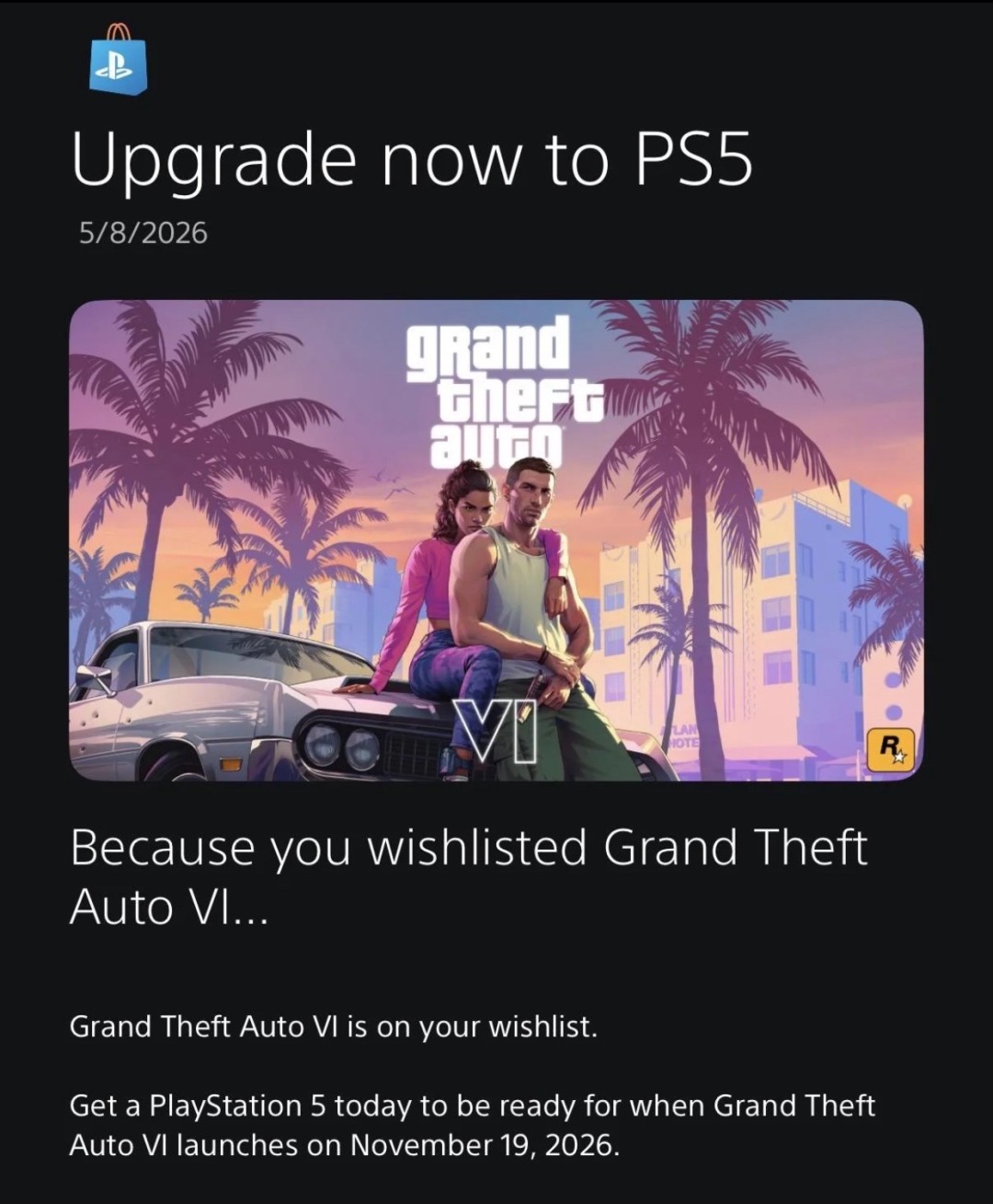 索尼在《GTA6》发售前敦促PS4用户升级到PS5