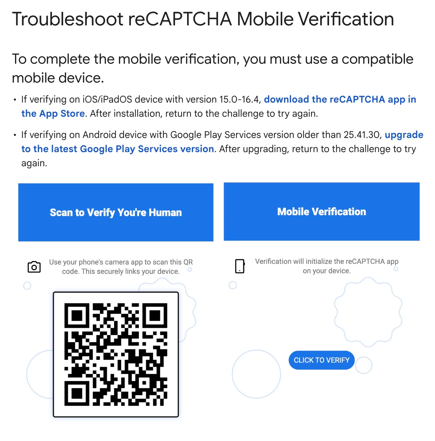Troubleshoot reCAPTCHA mobile verification instructions with QR code on left and 