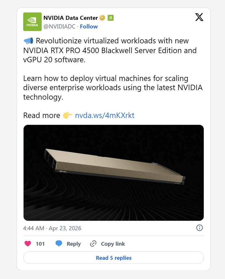 英伟达RTX PRO 4500服务器卡发布 10496CUDA核心+无风扇设计