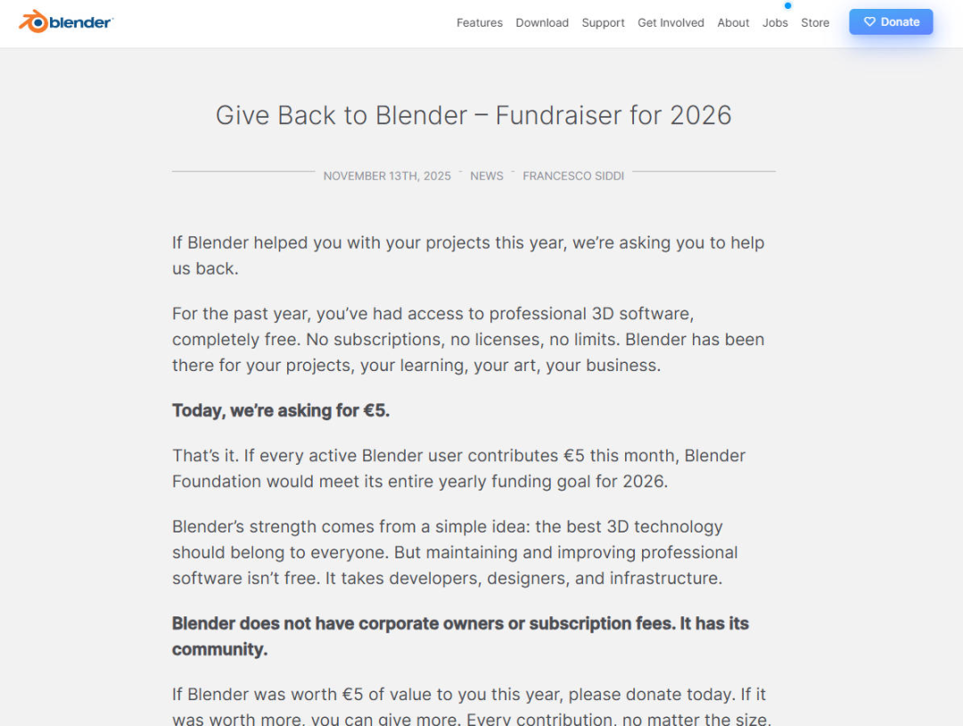 开源3D建模软件Blender“没钱发工资” 全球200万用户养不活30人团队