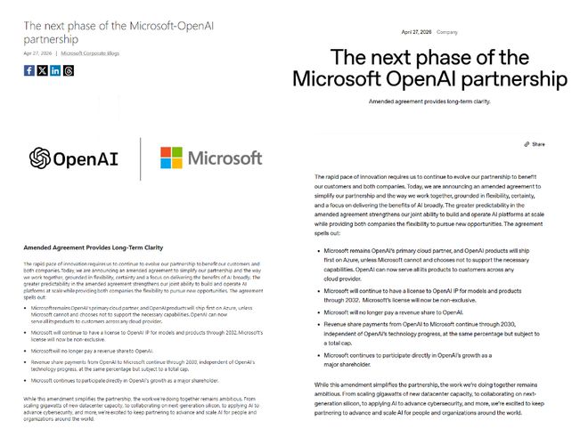 微软、OpenAI松绑合作关系 双方此前因亚马逊“插足”关系紧张