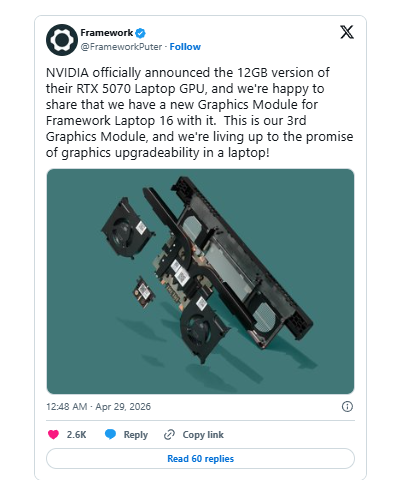 多4GB显存涨价72% Framework Laptop16新增12GB独显模块
