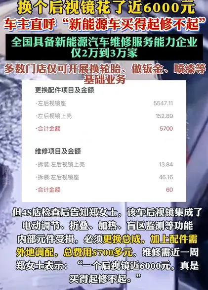换个后视镜花了近6000元 新能源车主直呼电车买得起修不起