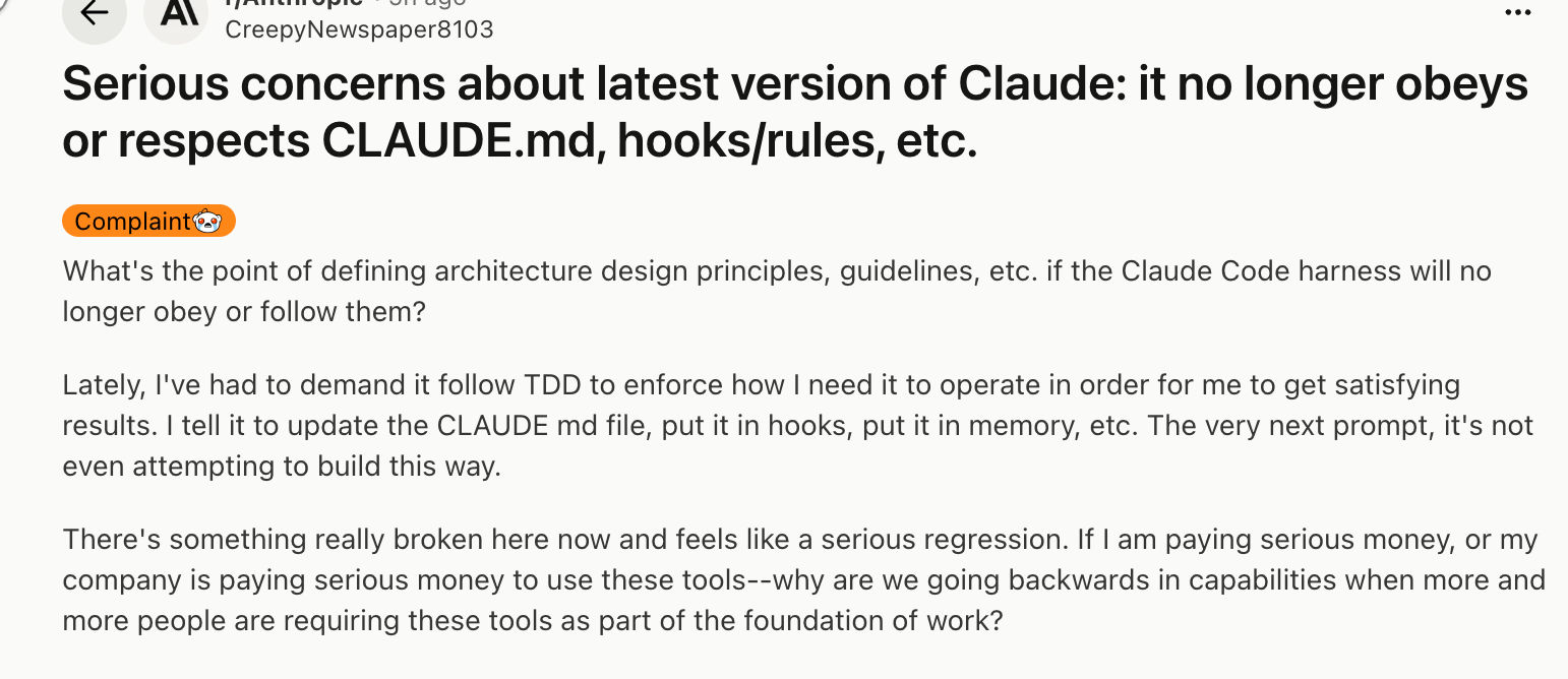 Anthropic 的Harness 工程白做了？Claude Code 被曝不遵守CLAUDE.md，开发者烧光 credits 怒喊退钱