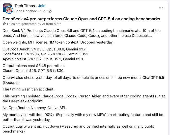 “我把所有模型都换成了DeepSeek V4”：月账单将降 90%，效果还更好
