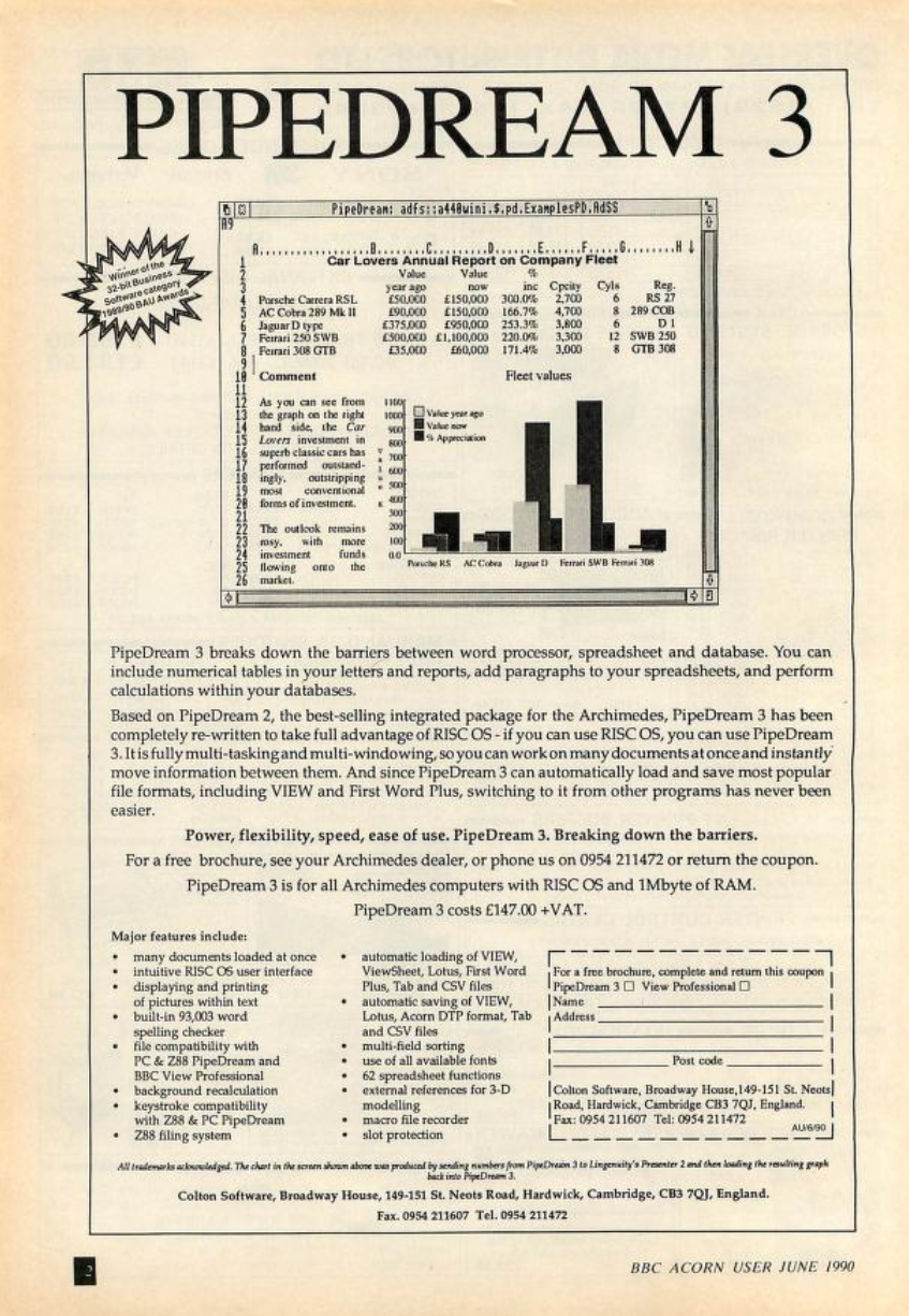 Full page ad for PipeDream 3, laid out more like a business letter than a typical ad. Screenshot showing mixed word processing and inline bar chart tops the ad. No headline except for