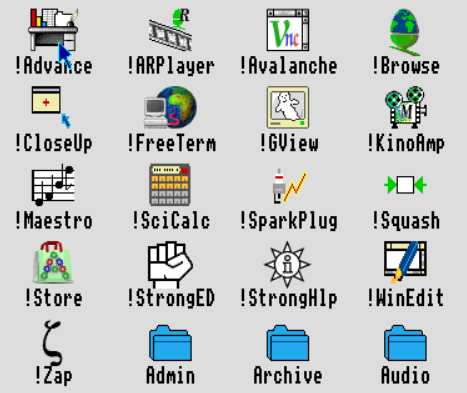 A set of basic icons that ship in a standard RISC OS installation. SciCalc, Browse, FreeTerm, StrongHelp, Zap, and other confusingly named applications. Some icons have color and detail, clearly drawn by an artists. Some are so barebones and ugly it beggars belief. I don