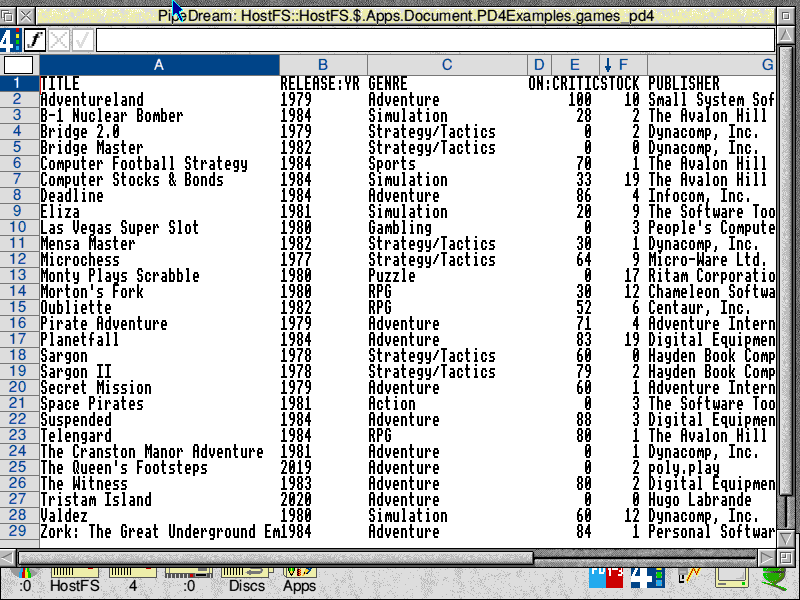 Screenshot of a table of CP/M game data showing title, release year, genre, critic score, how many are in stock, and publisher.