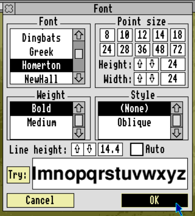 Screenshot of the font chooser for PipeDream 4 in RISC OS. There is a kind of