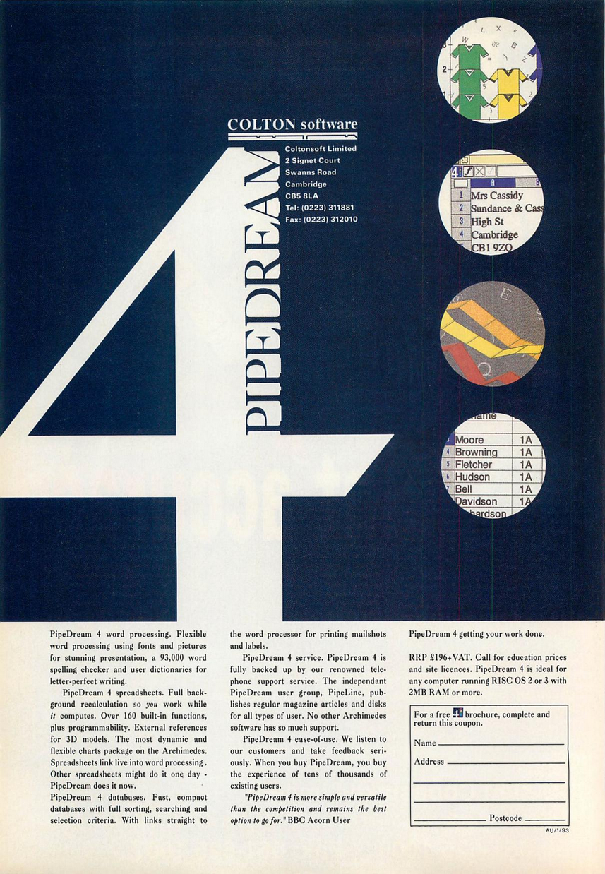 Full page ad for PipeDream 4. Top 2/3 is a dark blue field with a giant