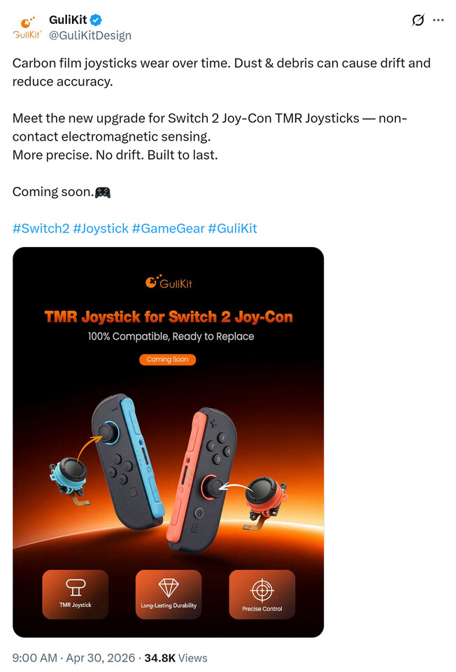 GuliKit 预告 Switch 2 无漂移 TMR 摇杆升级套件