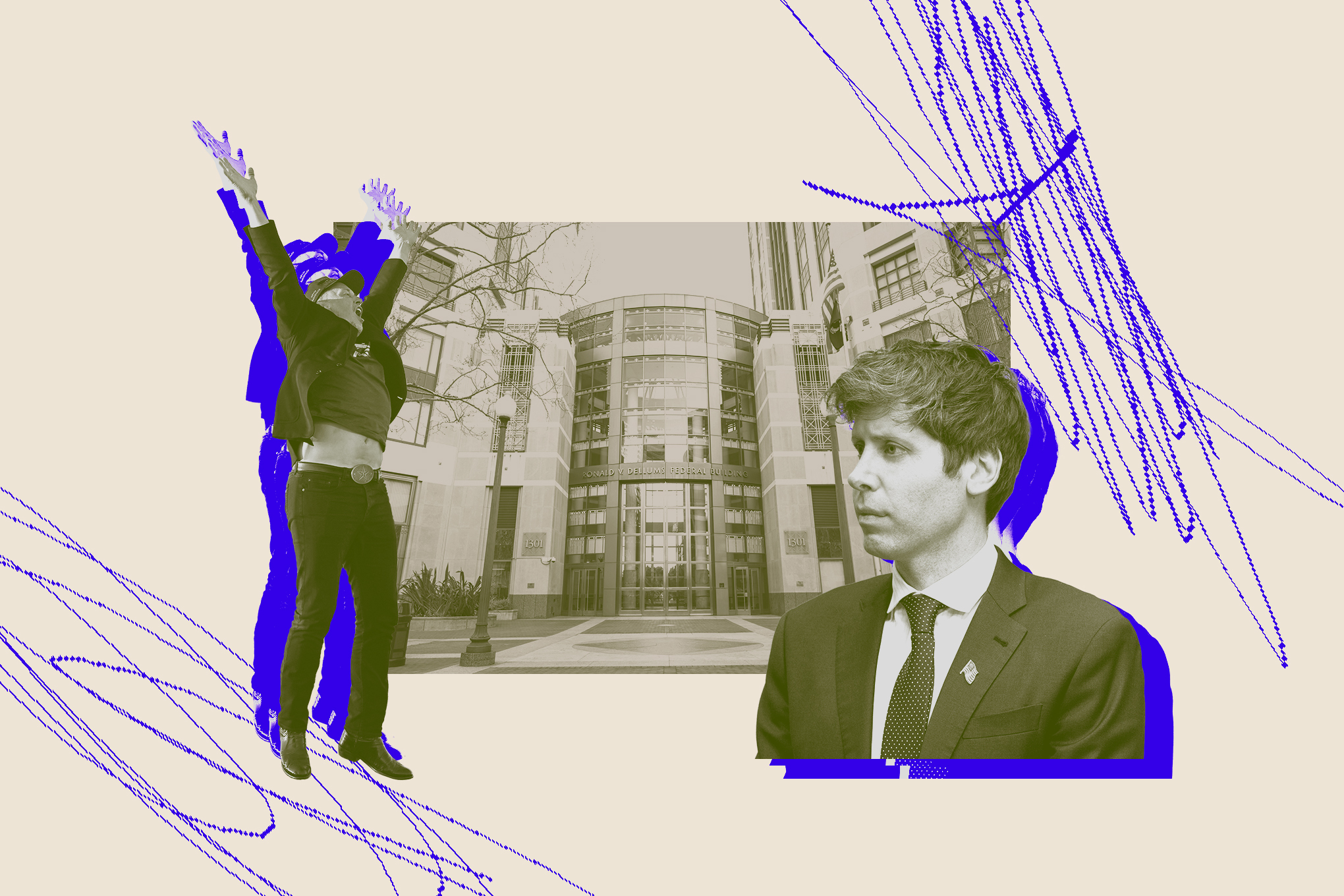 Elon Musk is jumping in front of a courthouse while Sam Altman looks puzzled