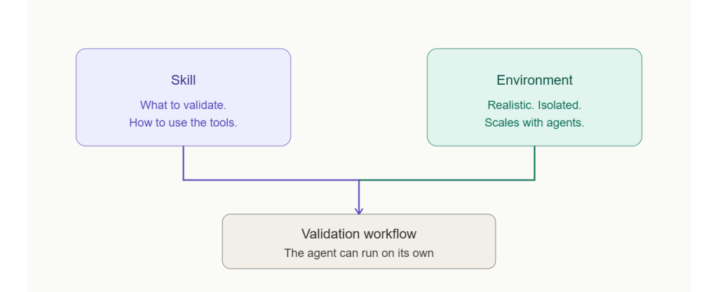 Diagram emphasizing that skill and environments are required for the validation workflow to work.