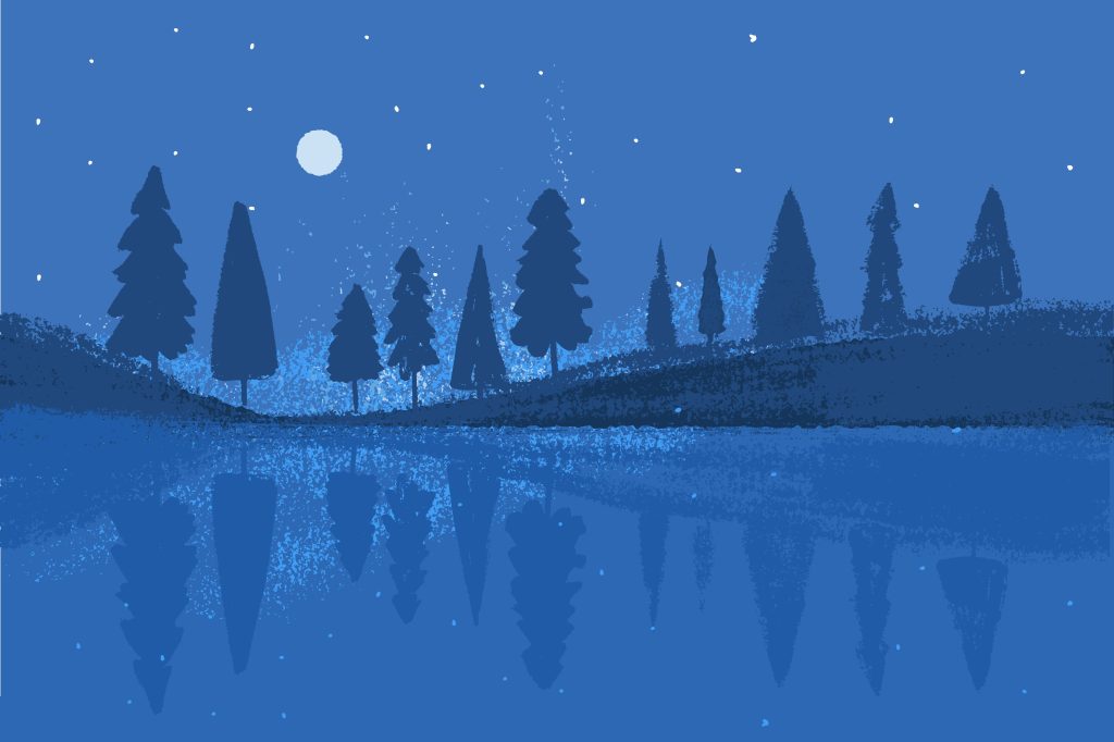 Artistic blue illustration of a forest landscape reflecting in a lake at night, symbolizing the validation and mirroring of cloud-native environments for AI coding agents.