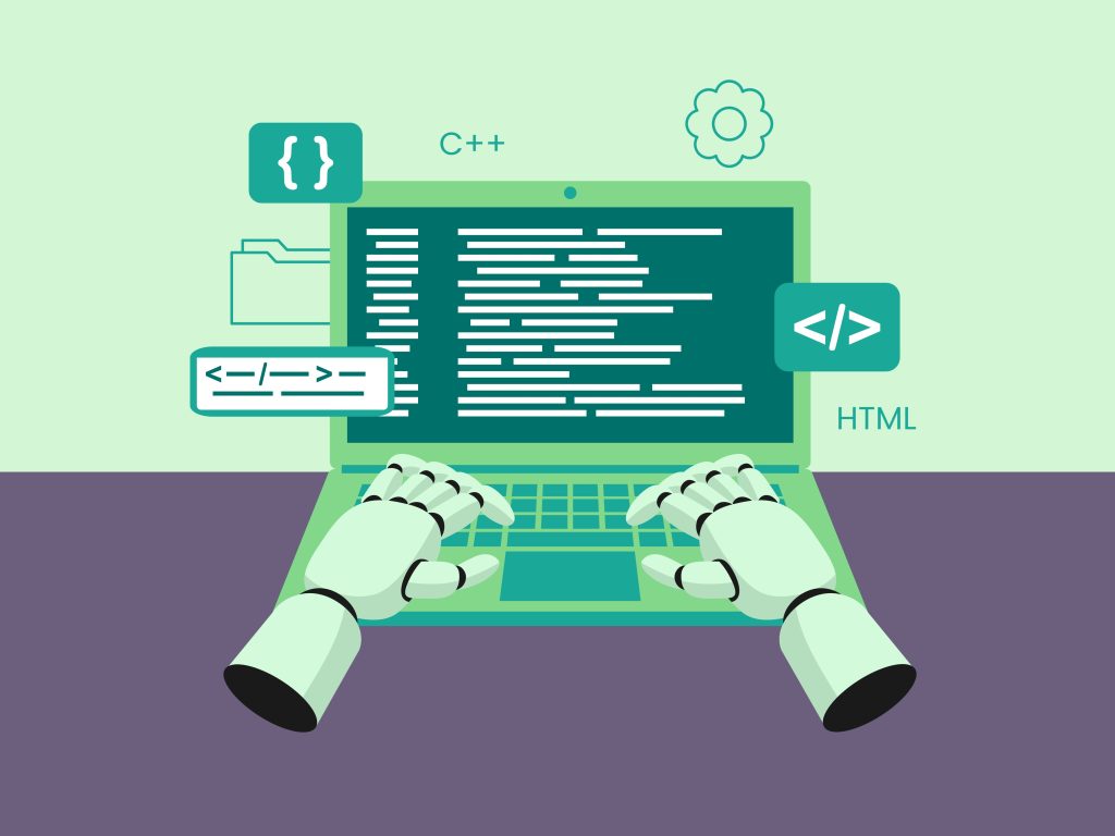 Illustration of a robot typing on a laptop displaying code with symbols for programming languages like C++ and HTML, depicting AI coding.